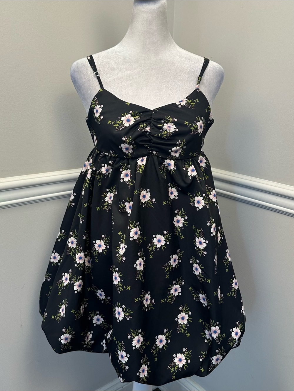 Free People Black Mini Bubble Dress with White & Light Pink Floral Print XS NWTS